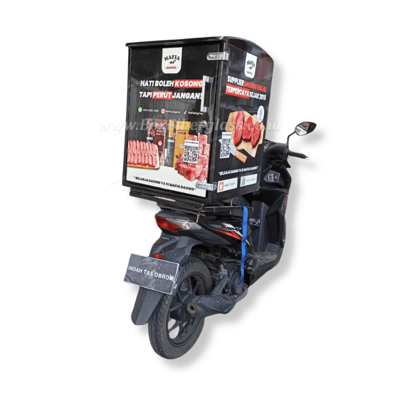 Box delivery motor fiberglass untuk frozen food dan cold chain dengan branding logo perusahaan