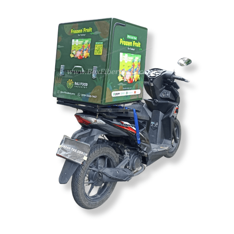 Box delivery motor fiberglass untuk frozen food dan cold chain dengan branding logo perusahaan