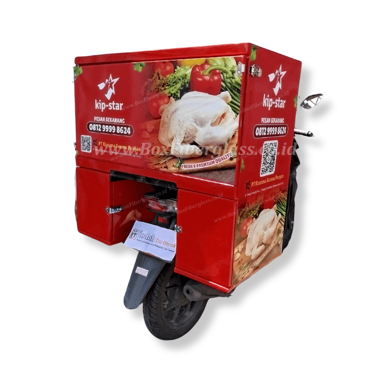 Box delivery motor fiberglass untuk frozen food dan cold chain dengan branding logo perusahaan